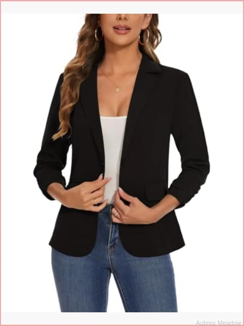 Casual Single Button Blazer Ruched 3/4 Sleeve Notched Lapel Lightweight Office
